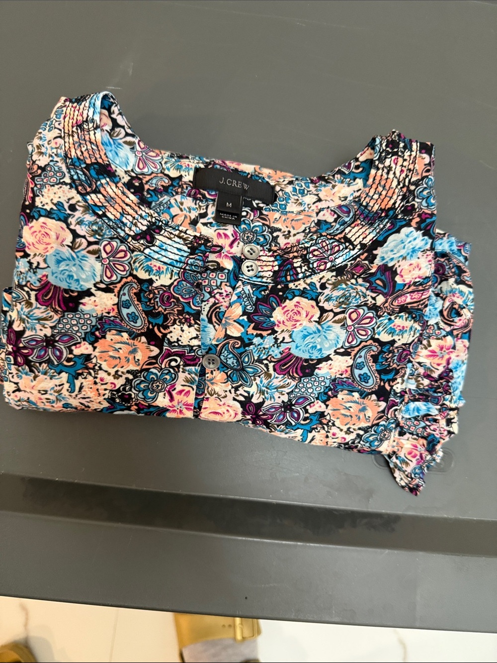 J. Crew Navy Floral Ruffle-Trim Long-Sleeve Blouse - Picture 7 of 7